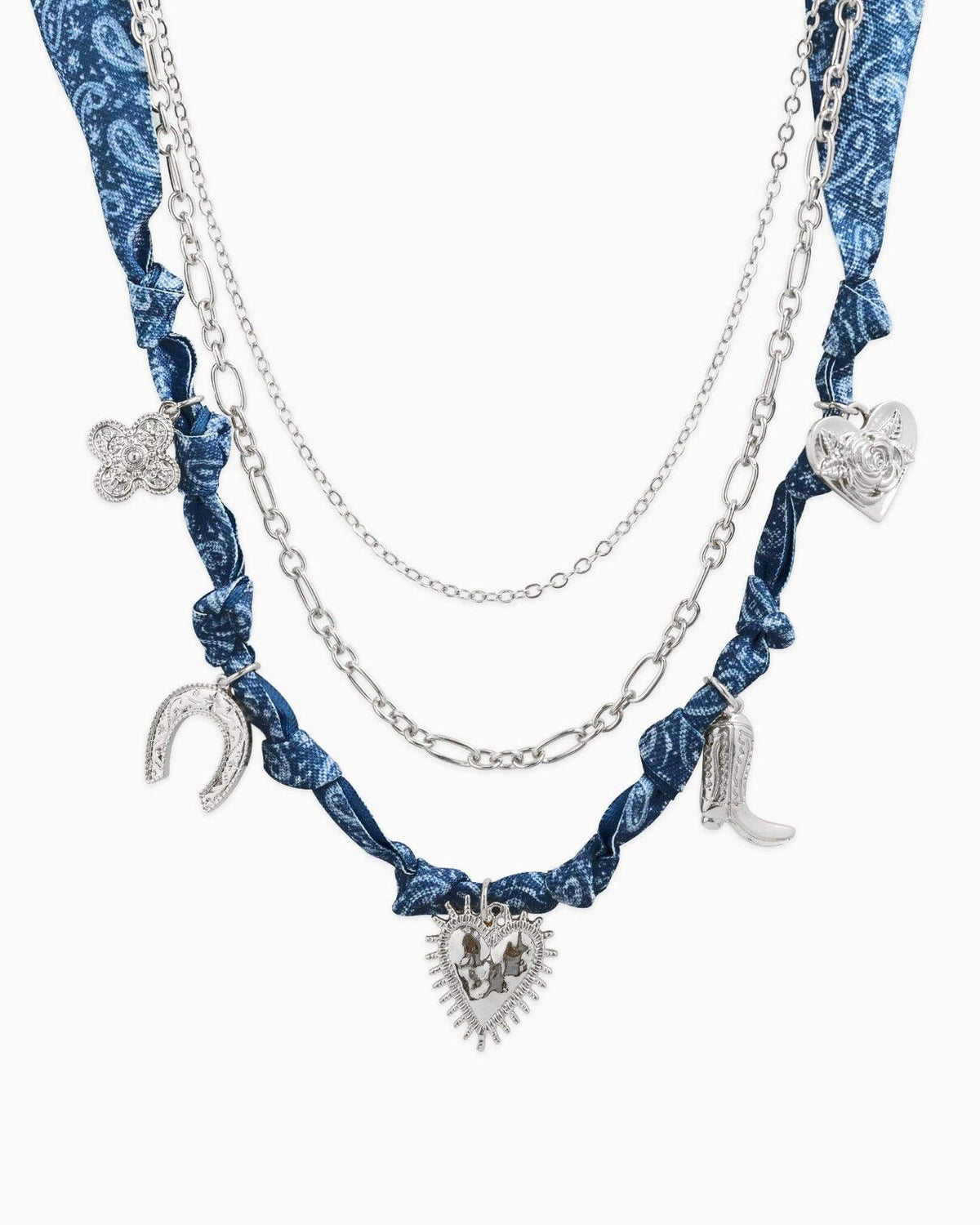Sessori 3-layered Western denim bandana scarf necklace with layered fabric design and western-inspired style.
