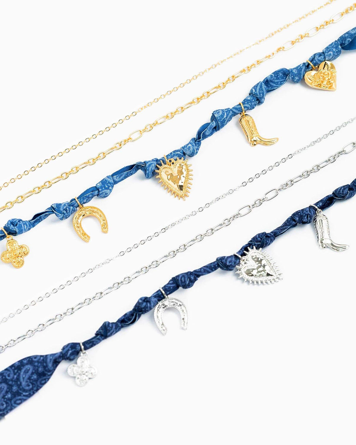 Sessori 3-layered Western denim bandana scarf necklace with layered fabric and rustic design, perfect for Western-inspired accessories.