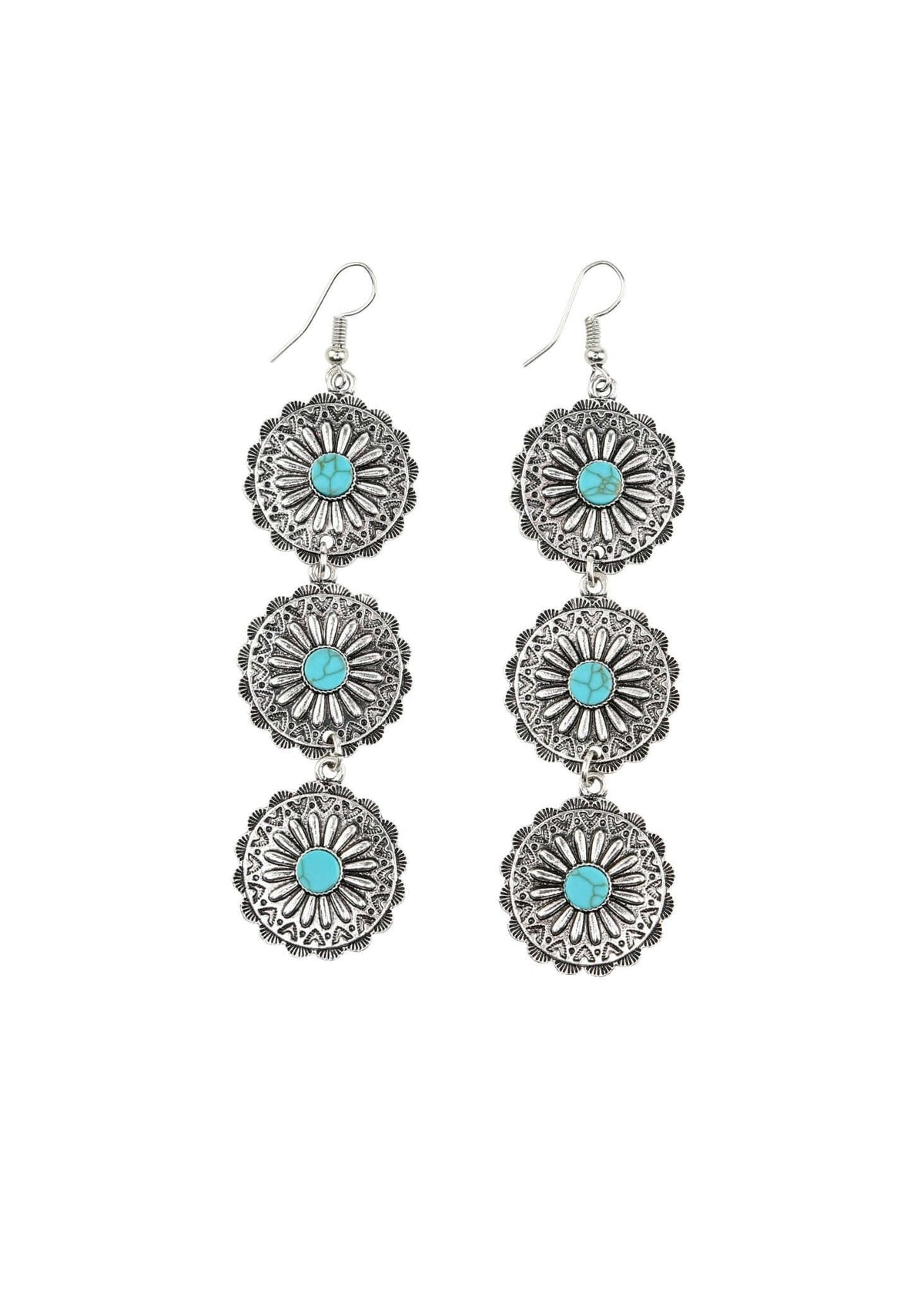 Burnished silver and turquoise flower concho ear accessories with three-tier design, handcrafted jewelry by West & Co.