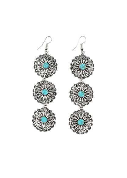 Burnished silver and turquoise flower concho ear accessories with three-tier design, handcrafted jewelry by West & Co.