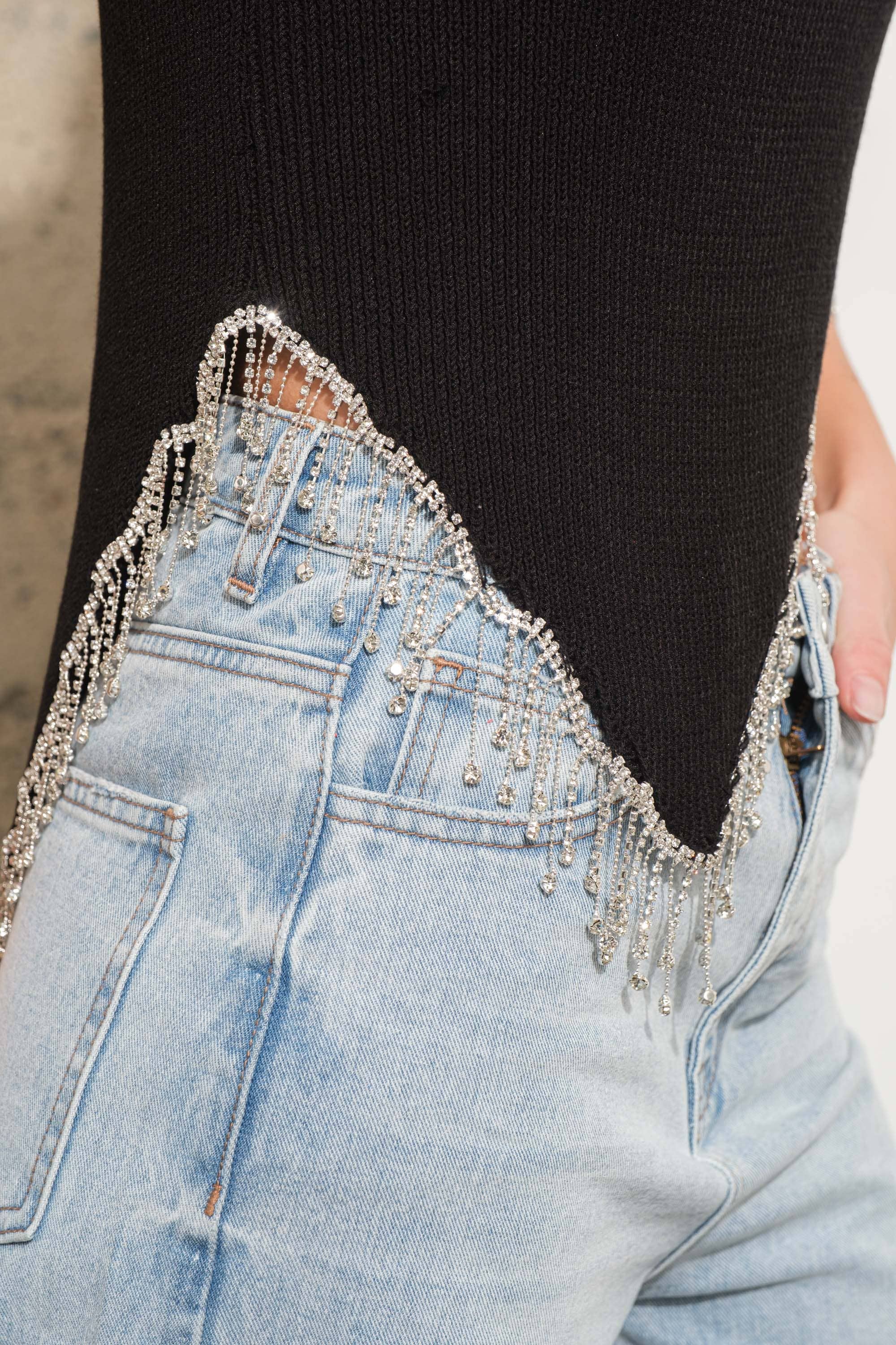 Rhinestone Fringe Cutout Hem Sweater Top