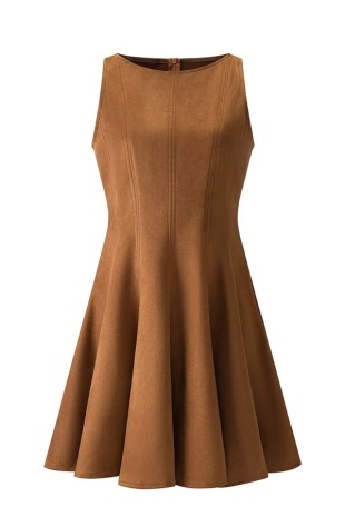 Sunday Up Western Brown Faux Suede Fit & Flare Mini Dress showing the front view with long sleeves and a flattering fit.