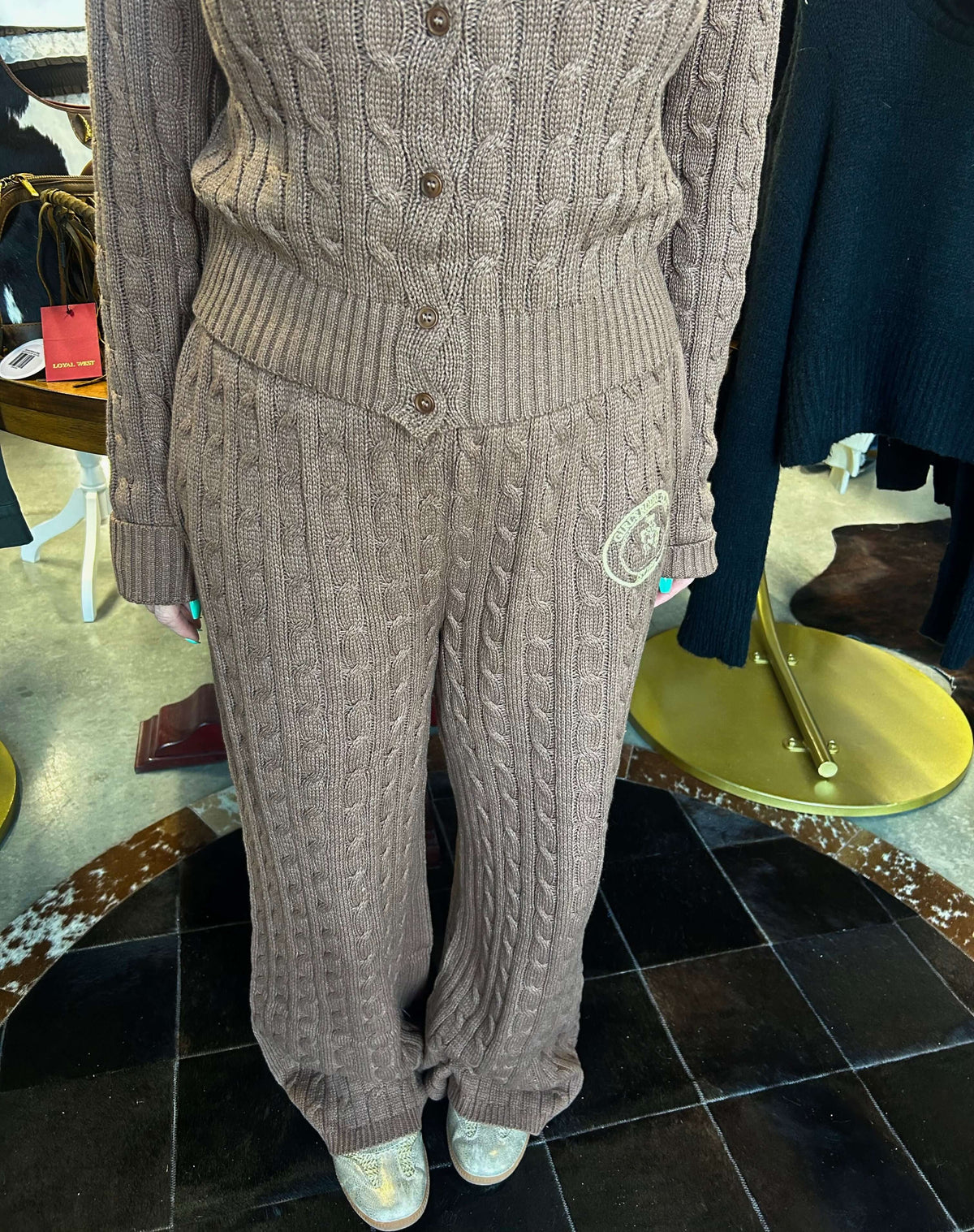 Bailey Rose cable knit wide-leg pants in a cozy, textured knit fabric, featuring a relaxed fit and high waist design.