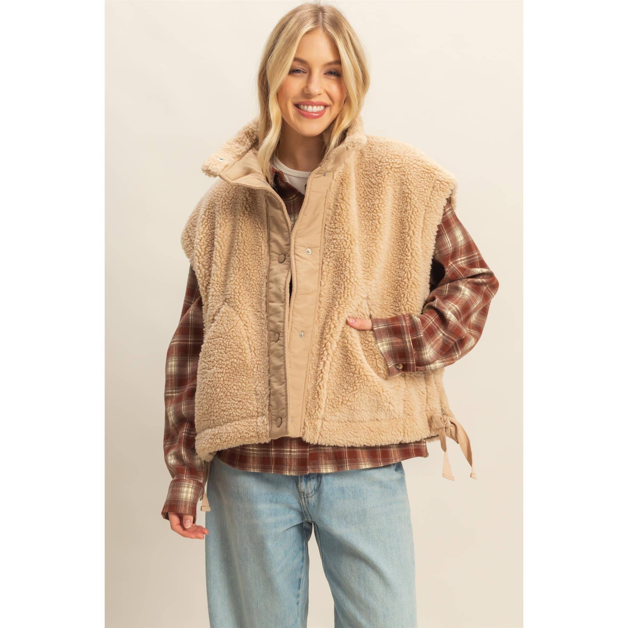 Cozy Sherpa Vest Jacket with Tie-Up Side Details