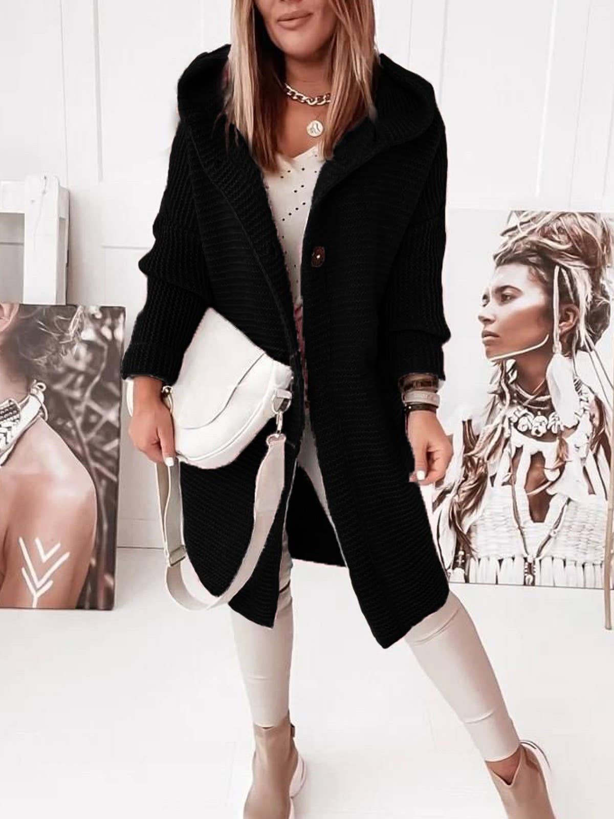 Plain button down Hooded knit long cardigan coat