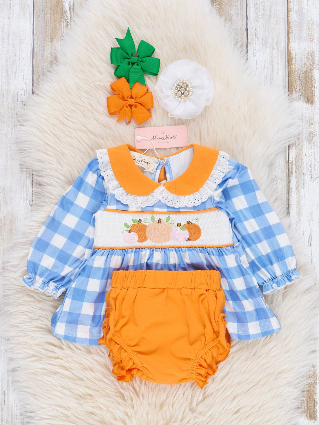 Blue Plaid & Pumpkin Smocked Bloomers Outfit