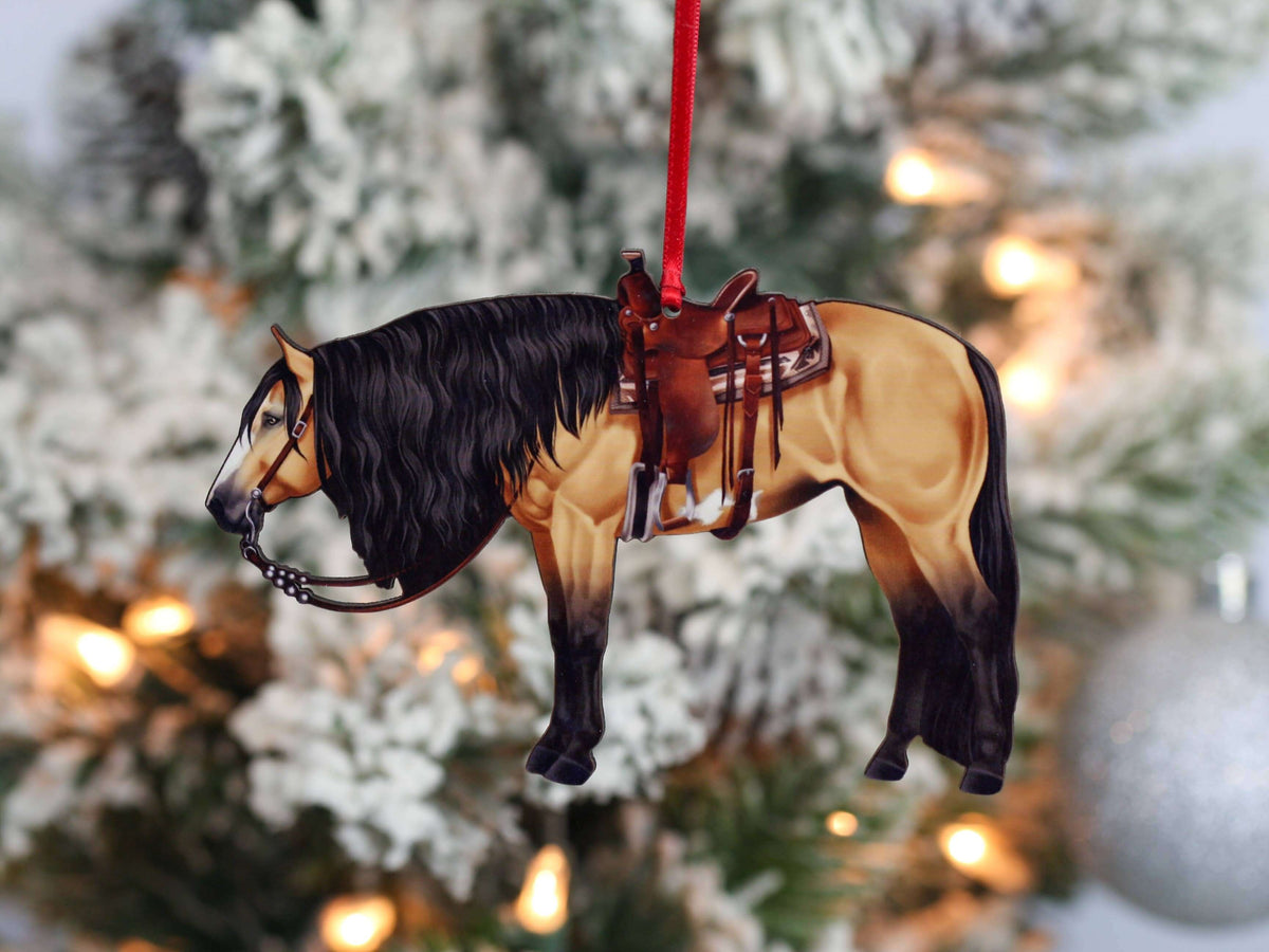 Buckskin Western Paint Horse Christmas ornament by Classy Equine featuring a detailed painted horse figure with festive design.
