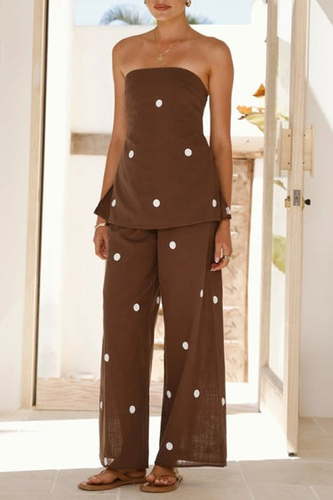 Sunday Up women's mocha polka dot strapless two-piece pant set with wide-leg matching pants and a fitted top, casual and stylish.