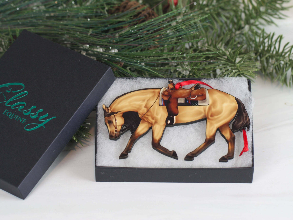 Buckskin Western riding quarter horse Christmas ornament by Classy Equine, detailed horse design for holiday decor.