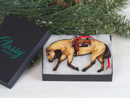 Buckskin Western riding quarter horse Christmas ornament by Classy Equine, detailed horse design for holiday decor.