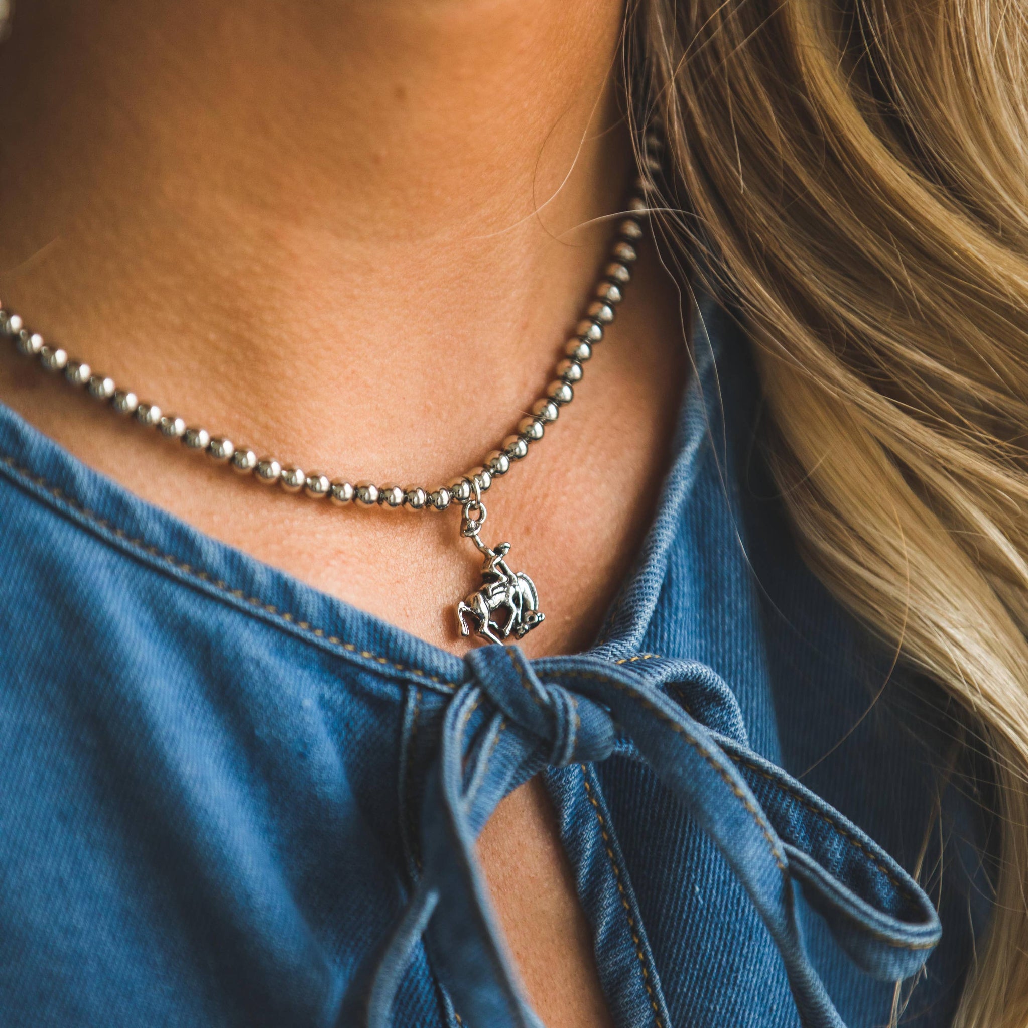 16" 18K  Gold Plated Burnished Necklace with Bucking Horse