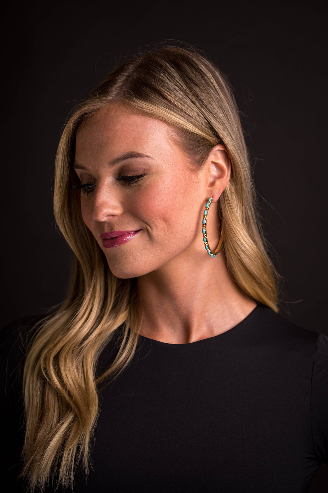 2.5" Gold and Turquoise Petitie Point Style Hoop Earring