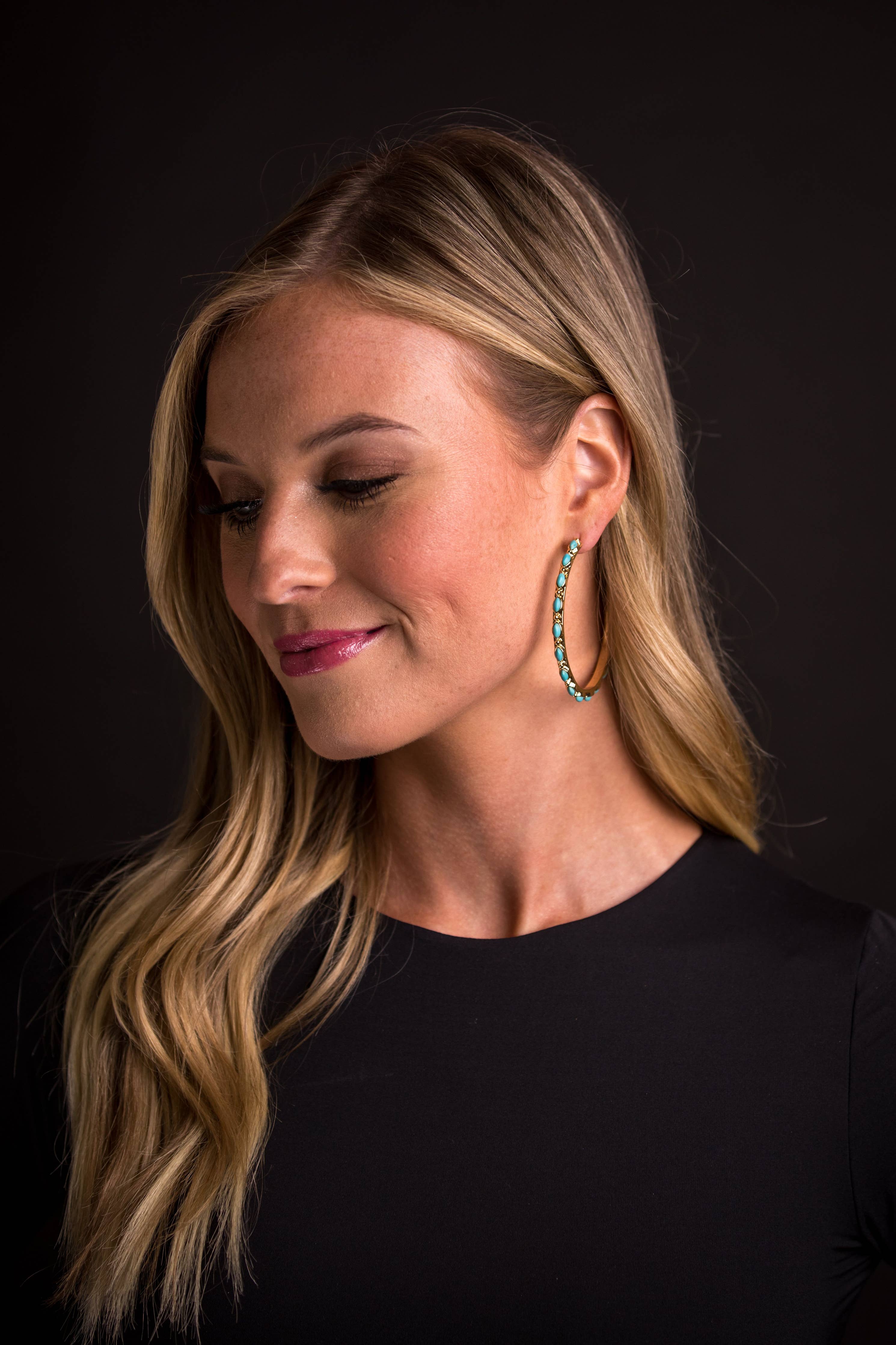 2.5" Gold and Turquoise Petitie Point Style Hoop Earring