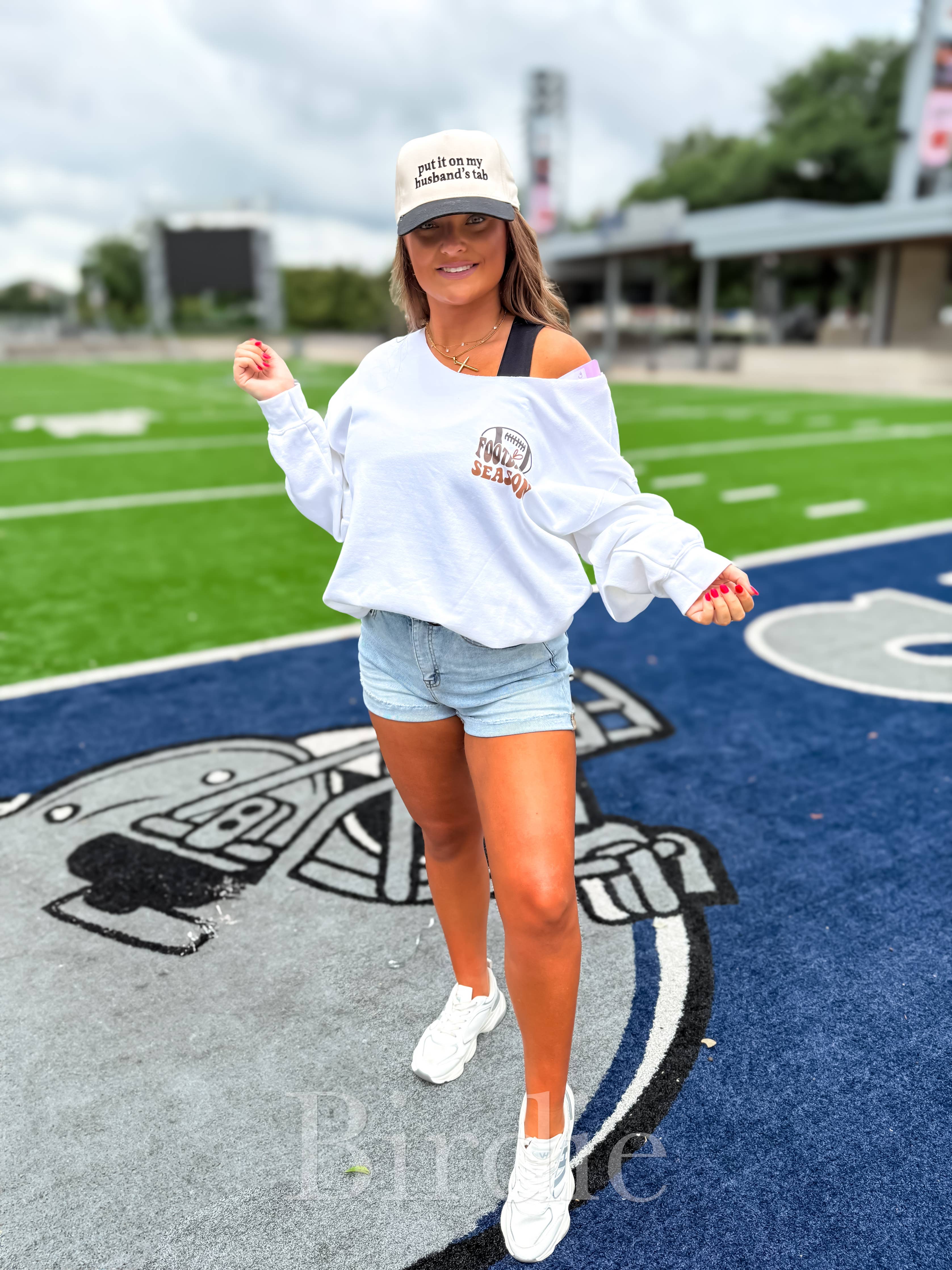 Sorry Can't Football Season White Graphic Off Shoulder Crew