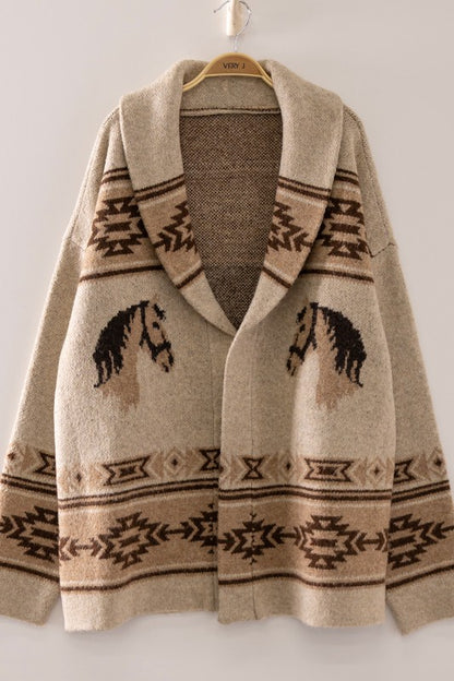 Wild Horses Southwestern cardigan by VERY J featuring a colorful, patterned knit design, long sleeves, and a cozy fit.