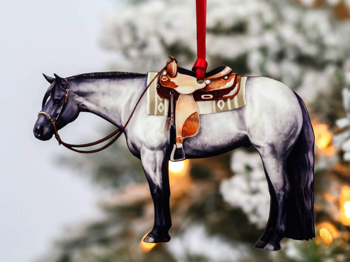 Blue roan Western quarter horse ornament by Classy Equine, detailed miniature horse with Western tack and realistic features.