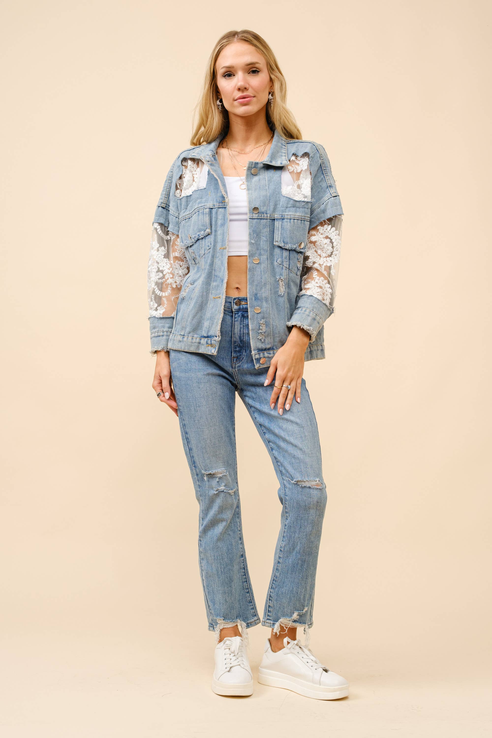 Lace Inset Raw Detail Oversized Denim Jacket