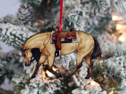 Buckskin Western riding Quarter Horse Christmas ornament by Classy Equine, featuring detailed horse design and festive holiday accents.