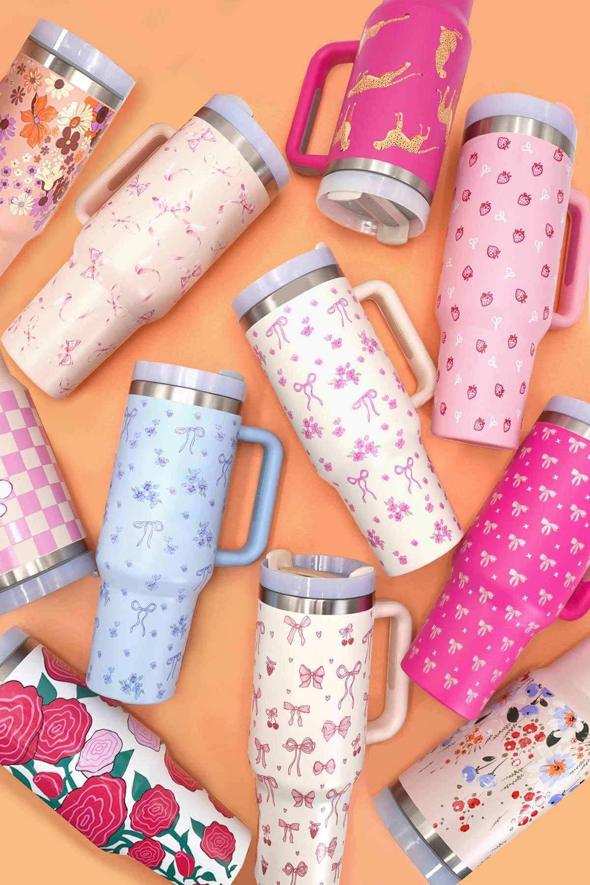 40oz stainless steel tumbler from JOSSLYN by wall to wall, versatile drinkware for hot or cold beverages, all styles shown.