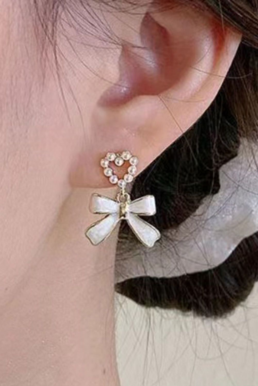LDC Pearled Heart Shape Bow Knot Dangle Earrings