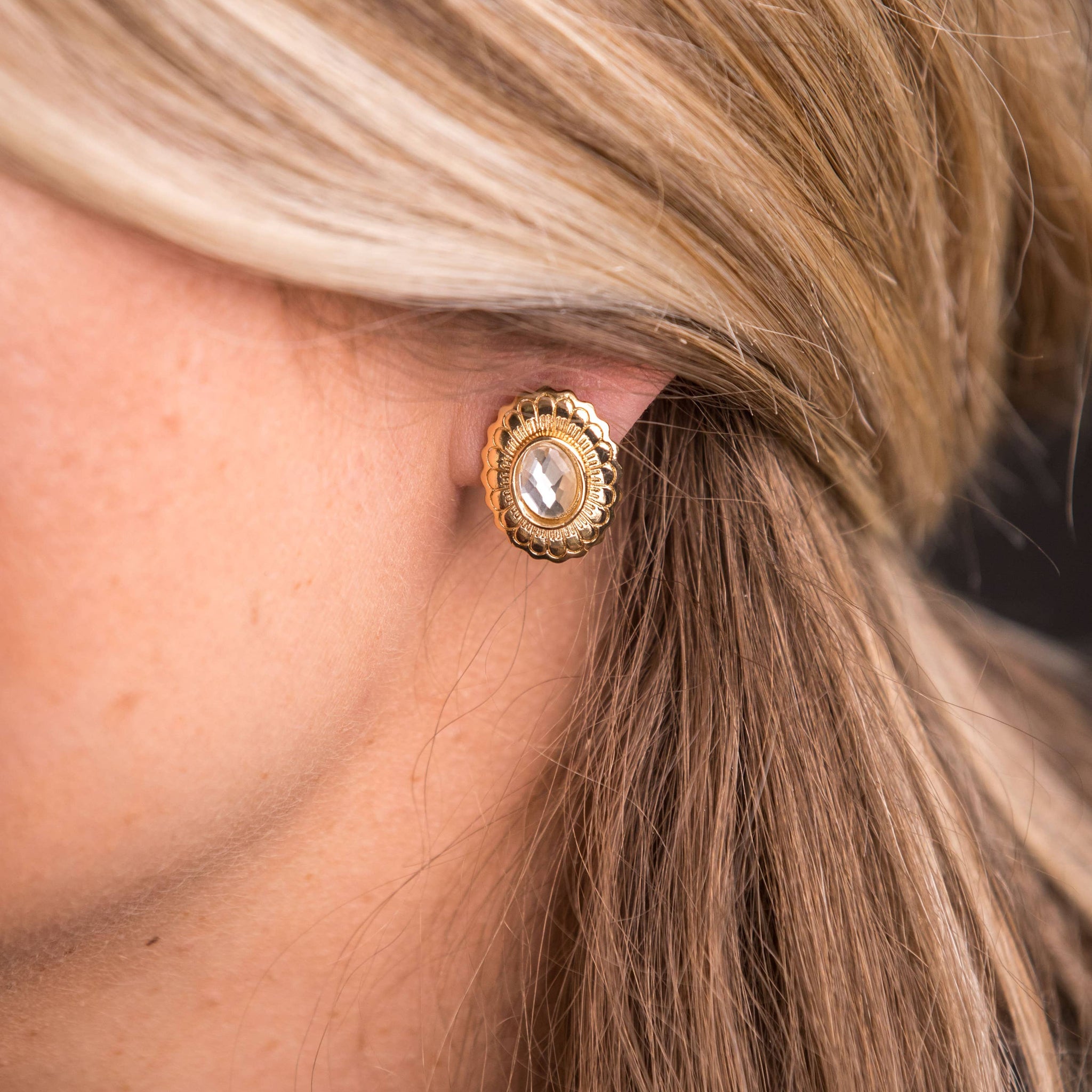 Gold Flower Stamped Concho Earring with Rhinestone