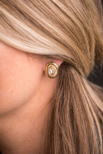 Gold Flower Stamped Concho Earring with Rhinestone