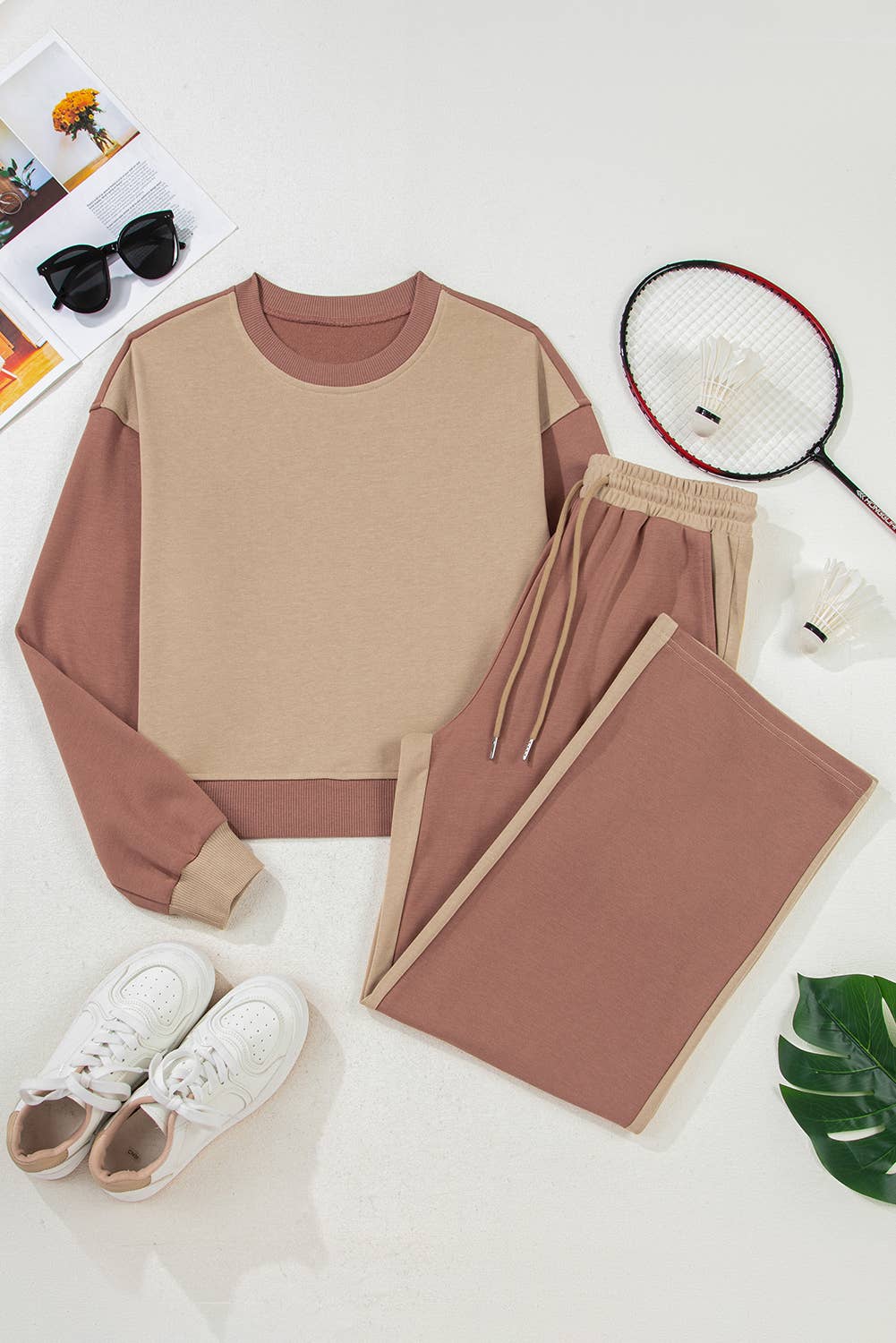 Color Block Drop Shoulder Lace-up High Waist Pants Set