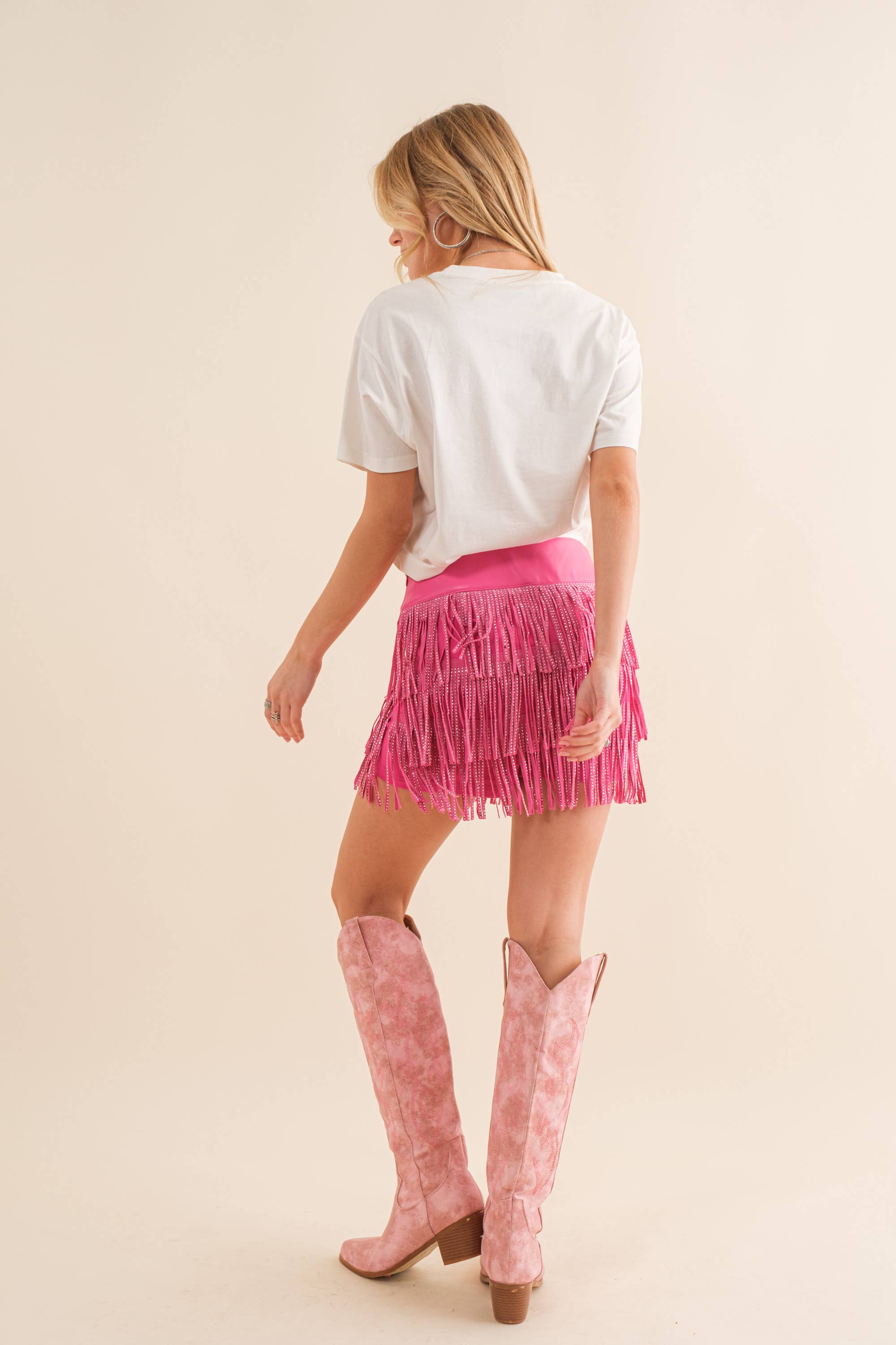 Wide Faux Leather Waist Tiered Fringe Studded Short