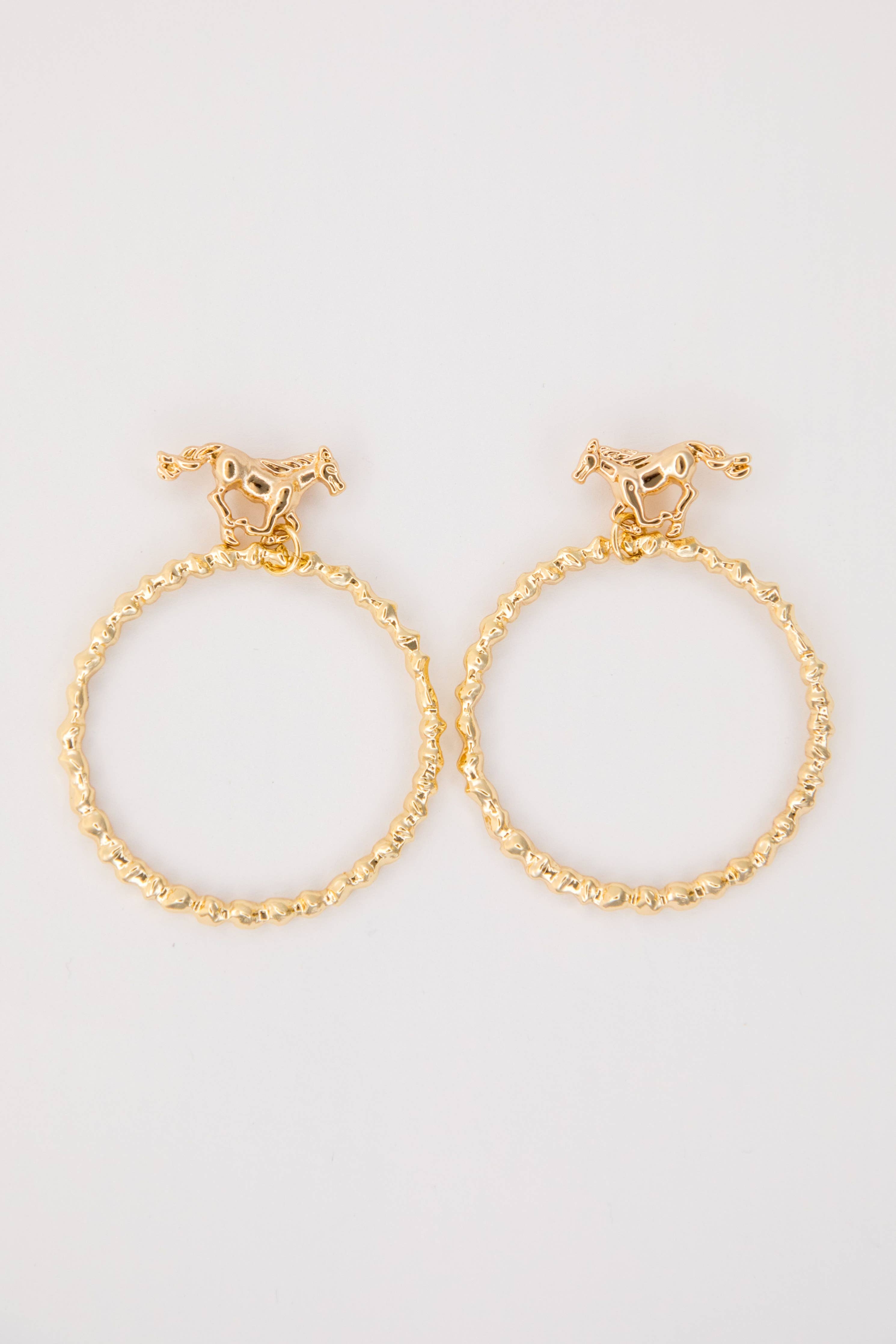 2.5" 18K Gold Plated Dangle Hoop Earrings on Buckin Horse