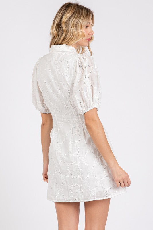 White Eyelet Collared Button Down Mini Dress with Puff Sleeves