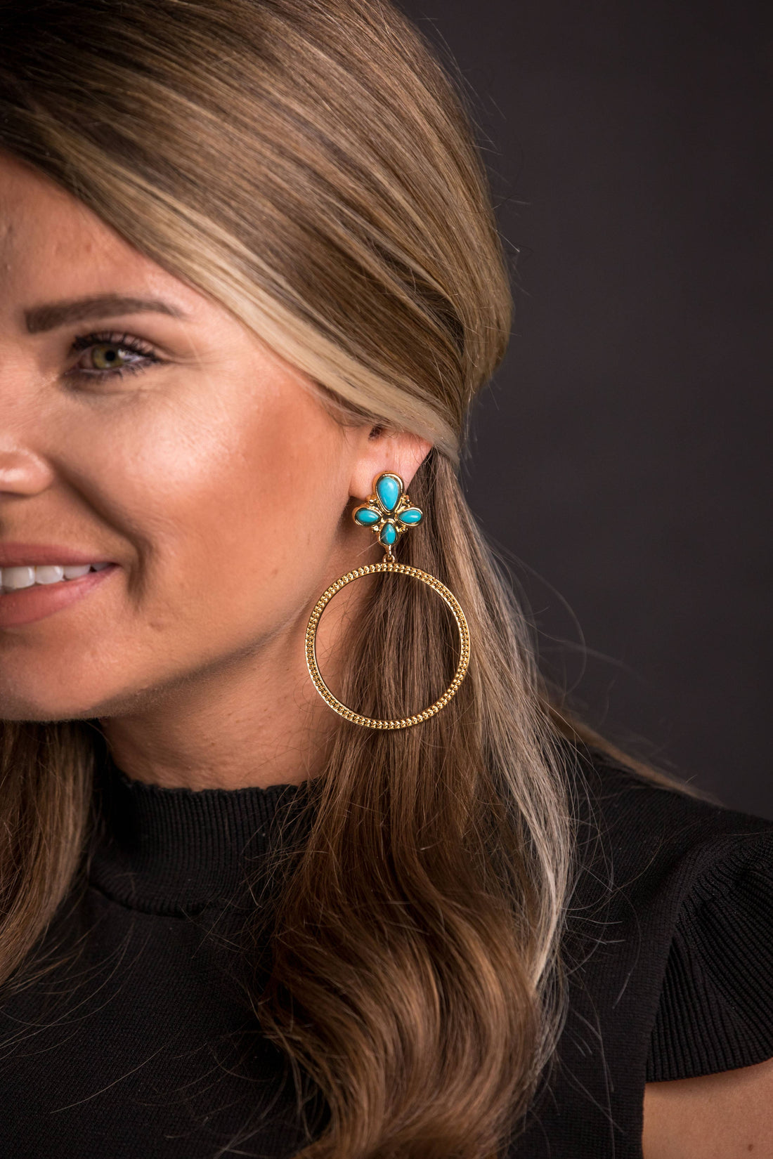 Gold Dotted Hoop Earring on Turquoise Cluster Post