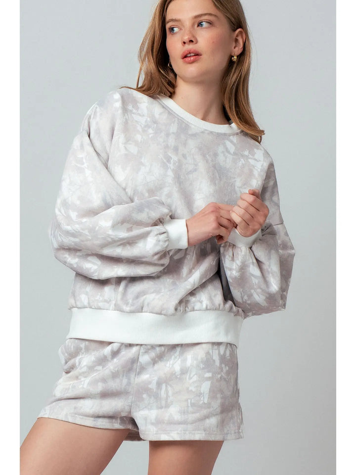 Relaxed Leaf Print Lounge Sweatshirt Set-Khaki