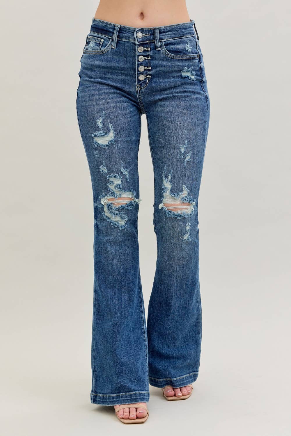 Midrise Button Fly Distressed Trouser Flare- Judy Blue