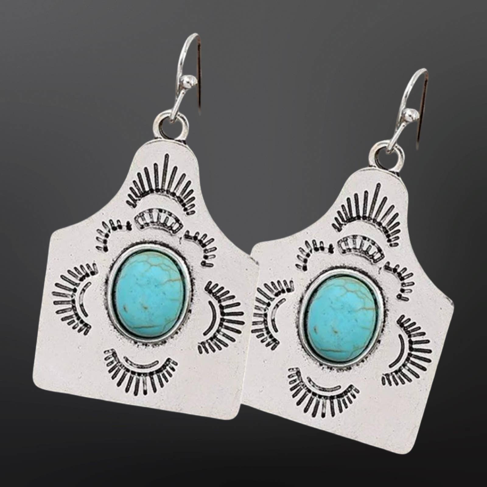 Cow Tag Faux Turquoise Silver Western Earrings