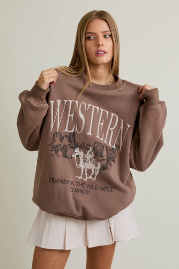 "COWBOY" EMBO LONG SLEEVE CREW NECK OVERSIZED SWEATSHIRT