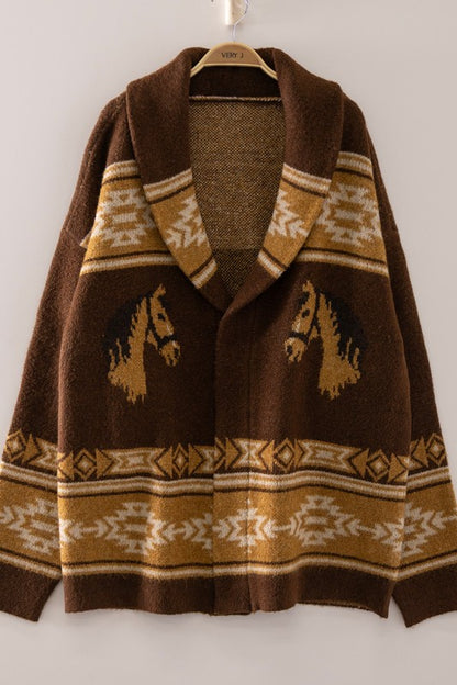 Wild Horses Southwestern cardigan by VERY J, featuring a cozy knit sweater with Southwest-inspired patterns and earthy tones.