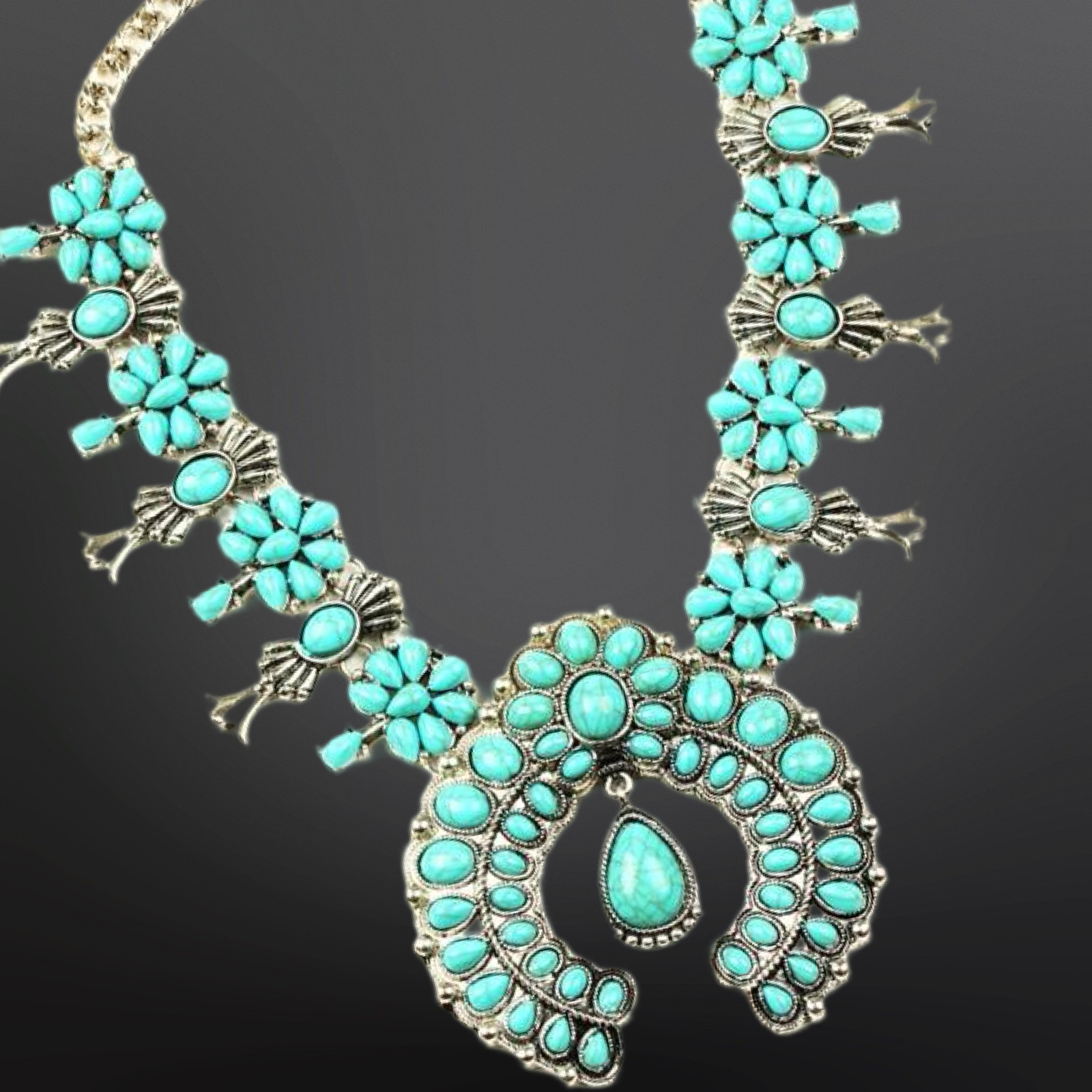 Faux Turquoise Squash Blossom Necklace