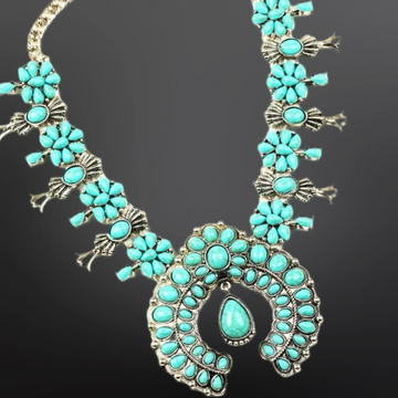 Faux Turquoise Squash Blossom Necklace