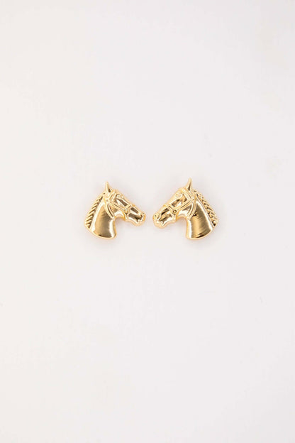 Gold plated horse head stud earring with burnished finish, crafted by West & Co., in a close-up view of the jewelry piece.