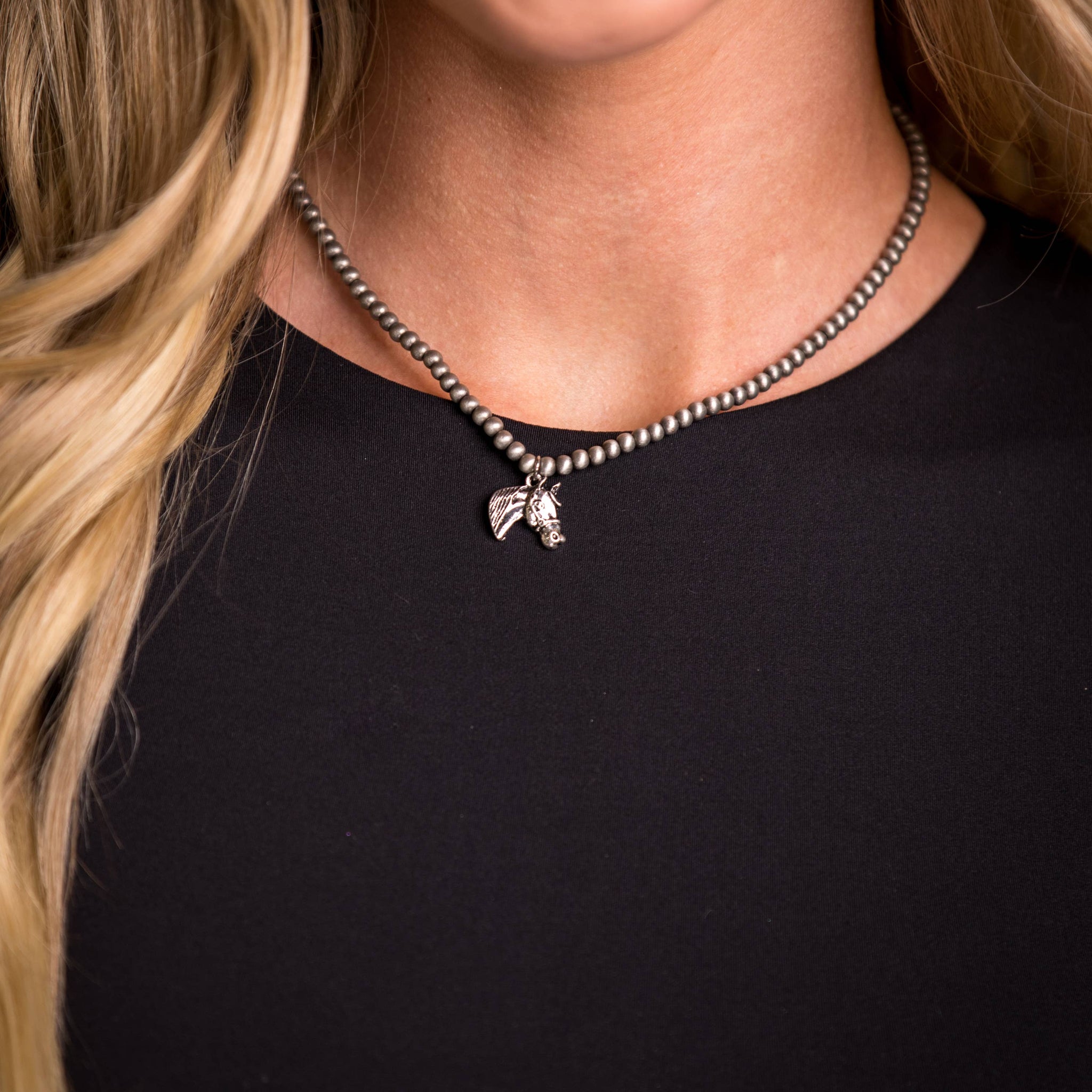 14" Dainty Faux Navajo Pearl Necklace with Horse Head Charm