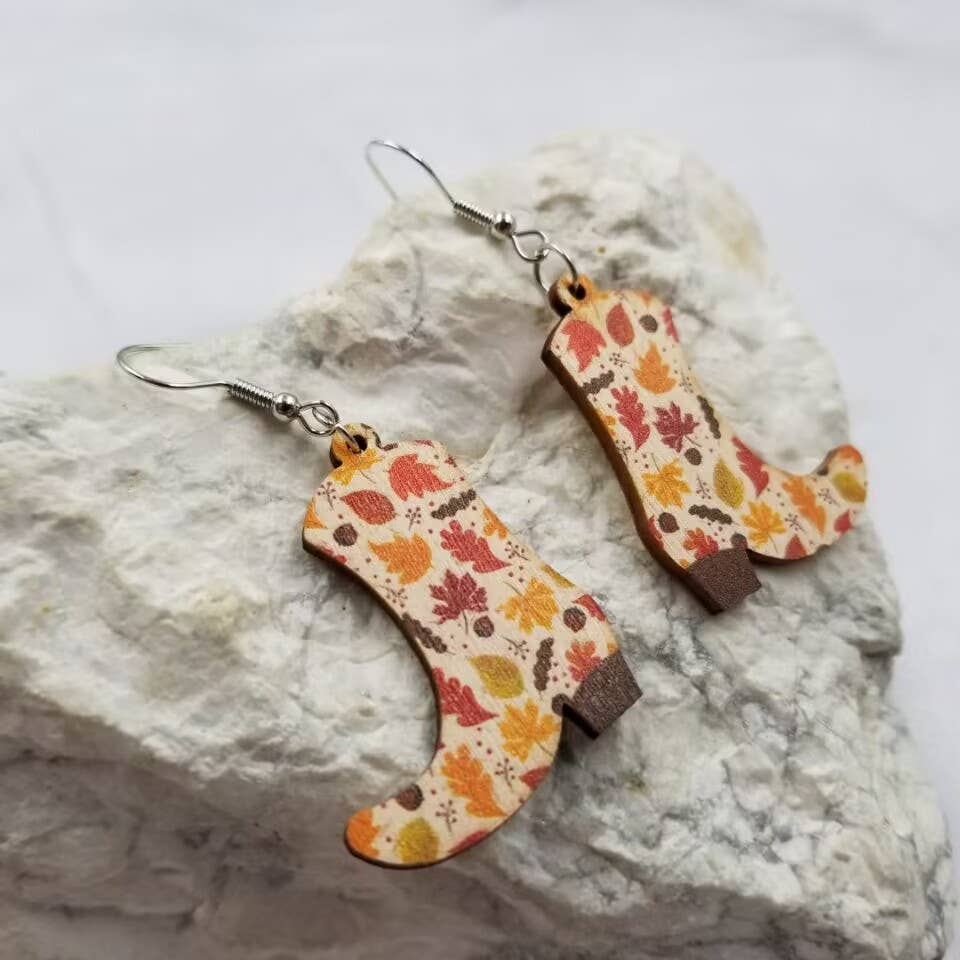 Fall Maple Leaf Cowgirl Boots Earrings