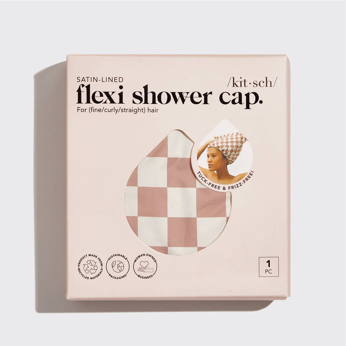 KITSCH satin-lined flexi shower cap with terracotta checker pattern, waterproof and adjustable for secure fit.