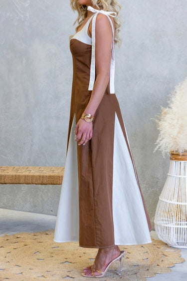 Brown & Ivory Contrast Tie-Shoulder Maxi Dress
