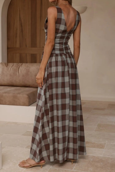 Brown Plaid Ruched Bodice Maxi Dress