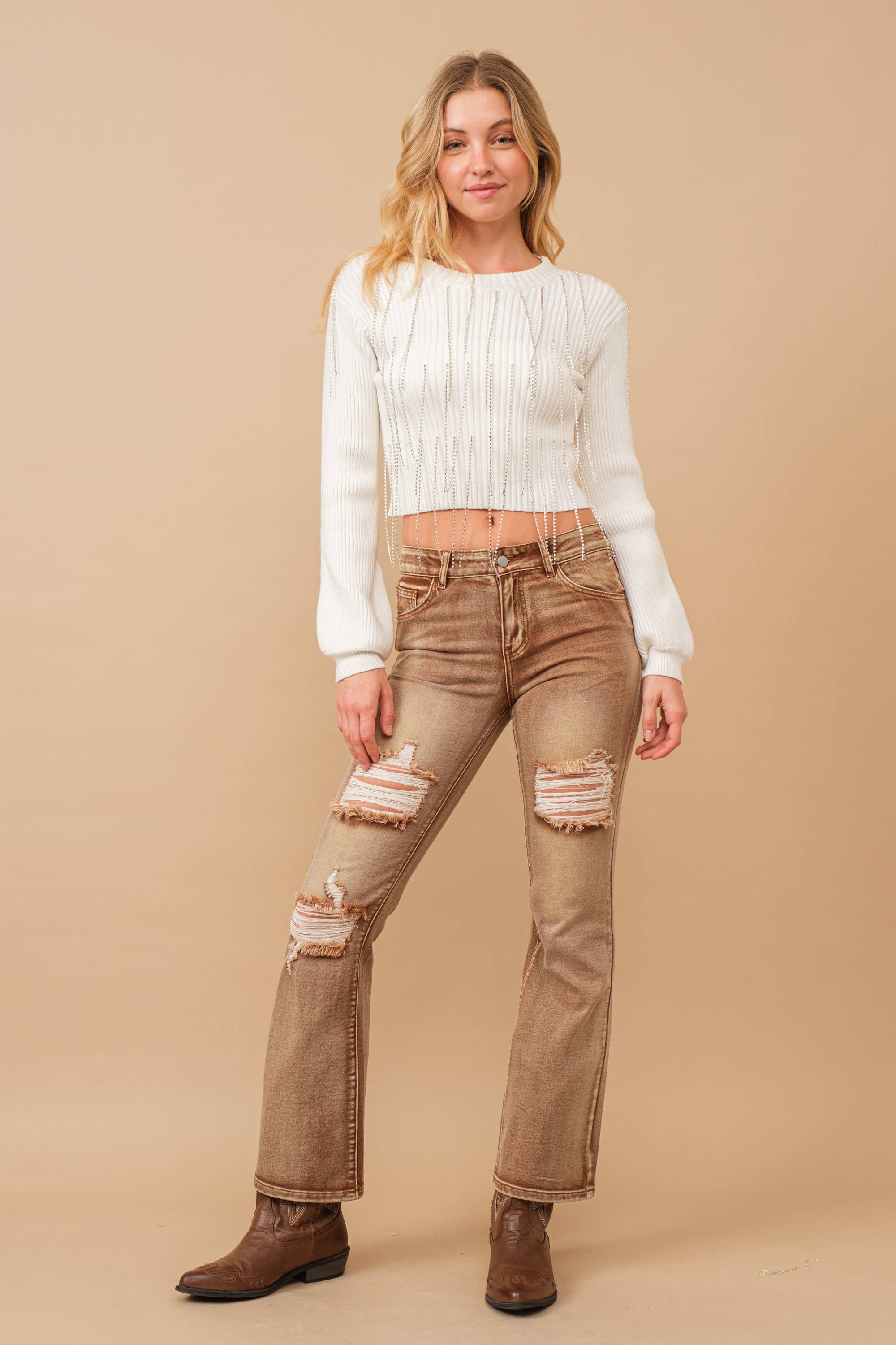 Ribbed Mock Neck Rhinestone Fringe Crop Sweater