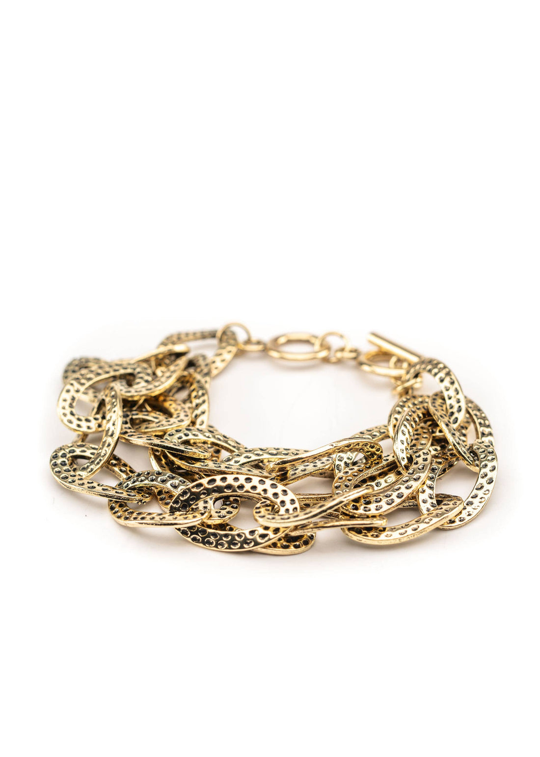 Hammered Gold Three Strand Chain Toggle Clasp Bracelet