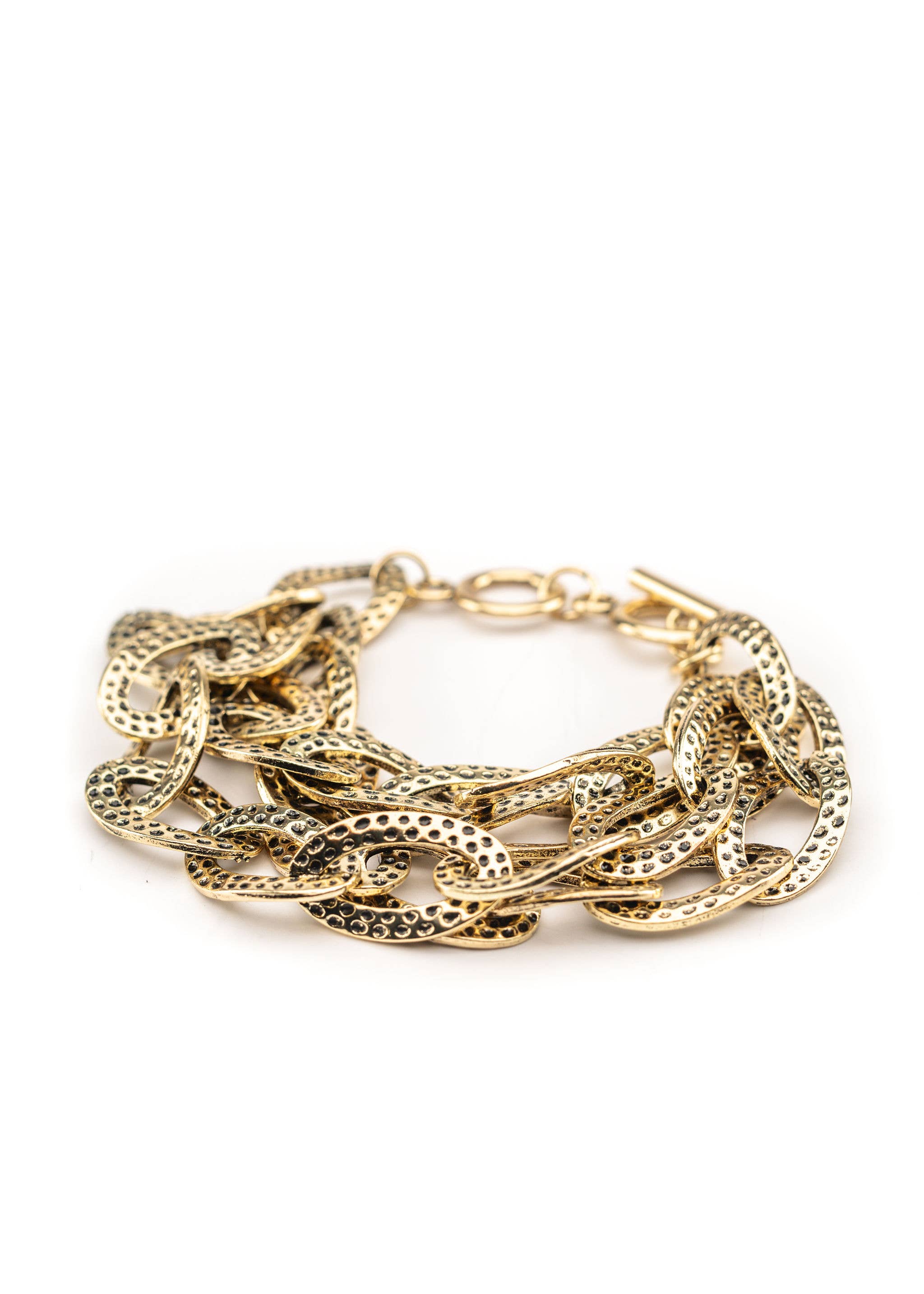Hammered Gold Three Strand Chain Toggle Clasp Bracelet