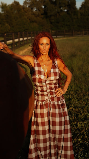 Brown Plaid Ruched Bodice Maxi Dress