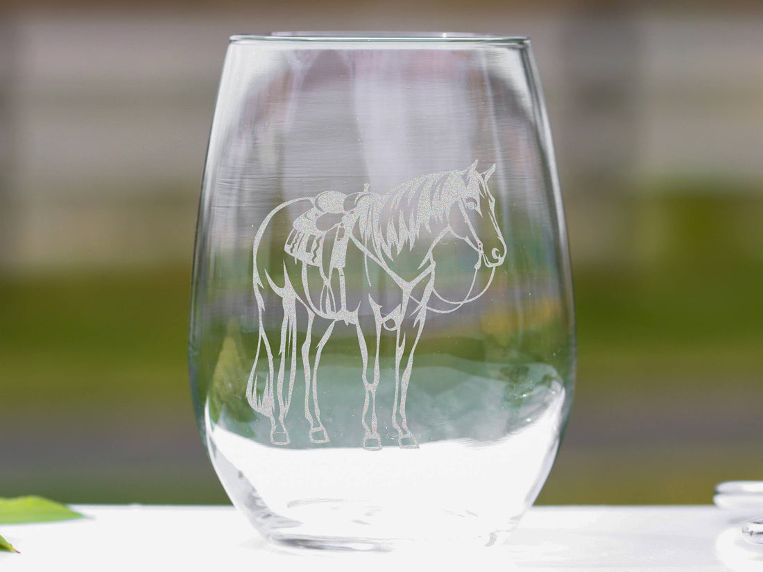 Western Ranch Horse Equestrian Engraved Stemless Wine Glass