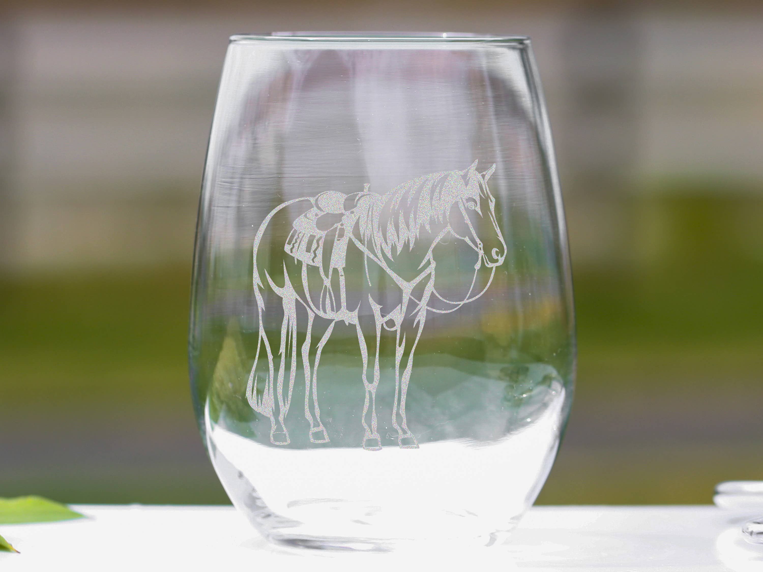 Western Ranch Horse Equestrian Engraved Stemless Wine Glass